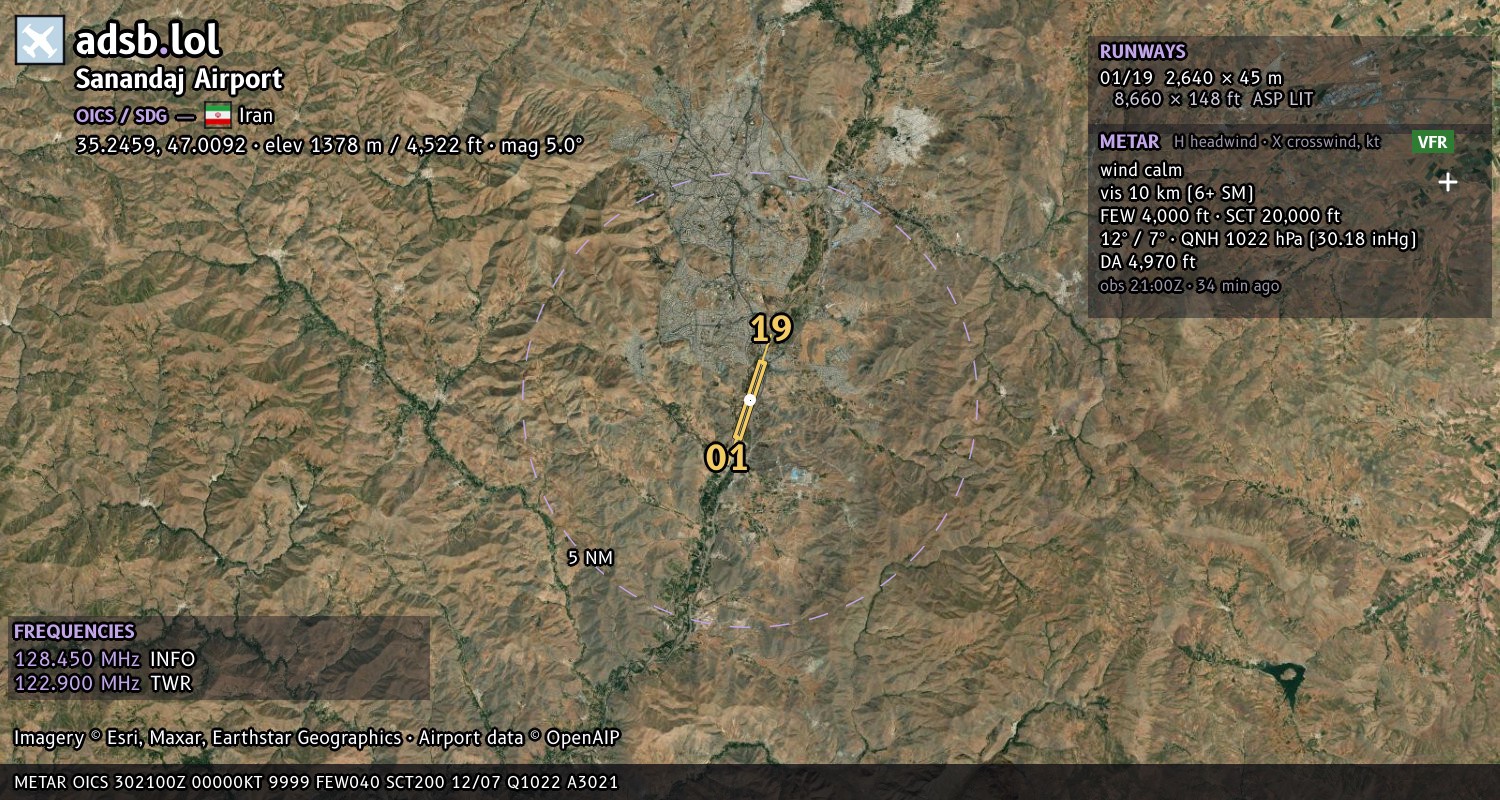 Satellite map with the runway layout of Sanandaj Airport (OICS)