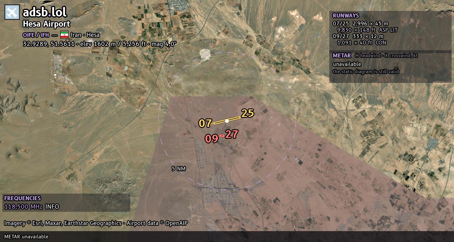Satellite map with the runway layout of Hesa Airport (OIFE)