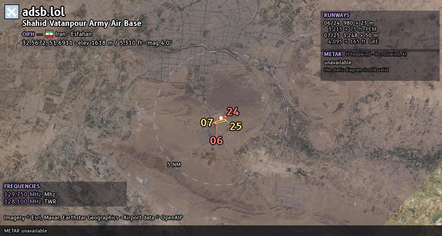 Satellite map with the runway layout of Shahid Vatanpour Army Air Base (OIFH)