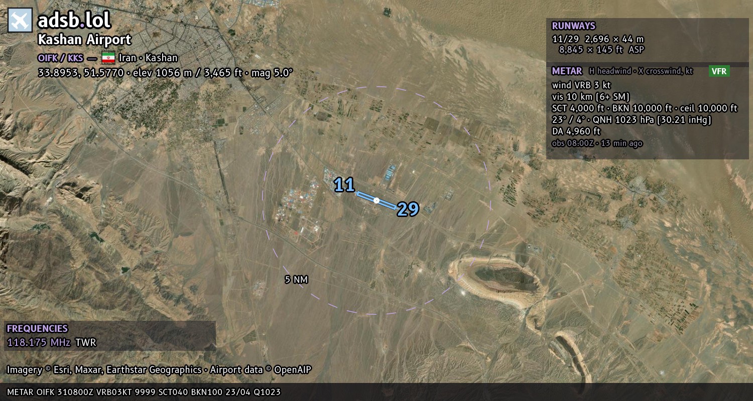 Satellite map with the runway layout of Kashan Airport (OIFK)