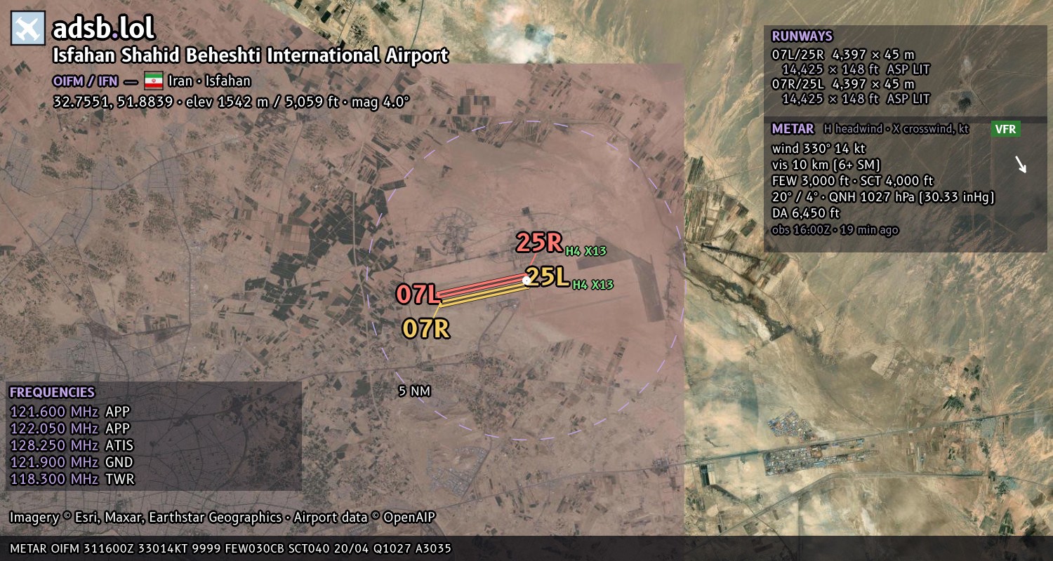 Satellite map with the runway layout of Isfahan Shahid Beheshti International Airport (OIFM)