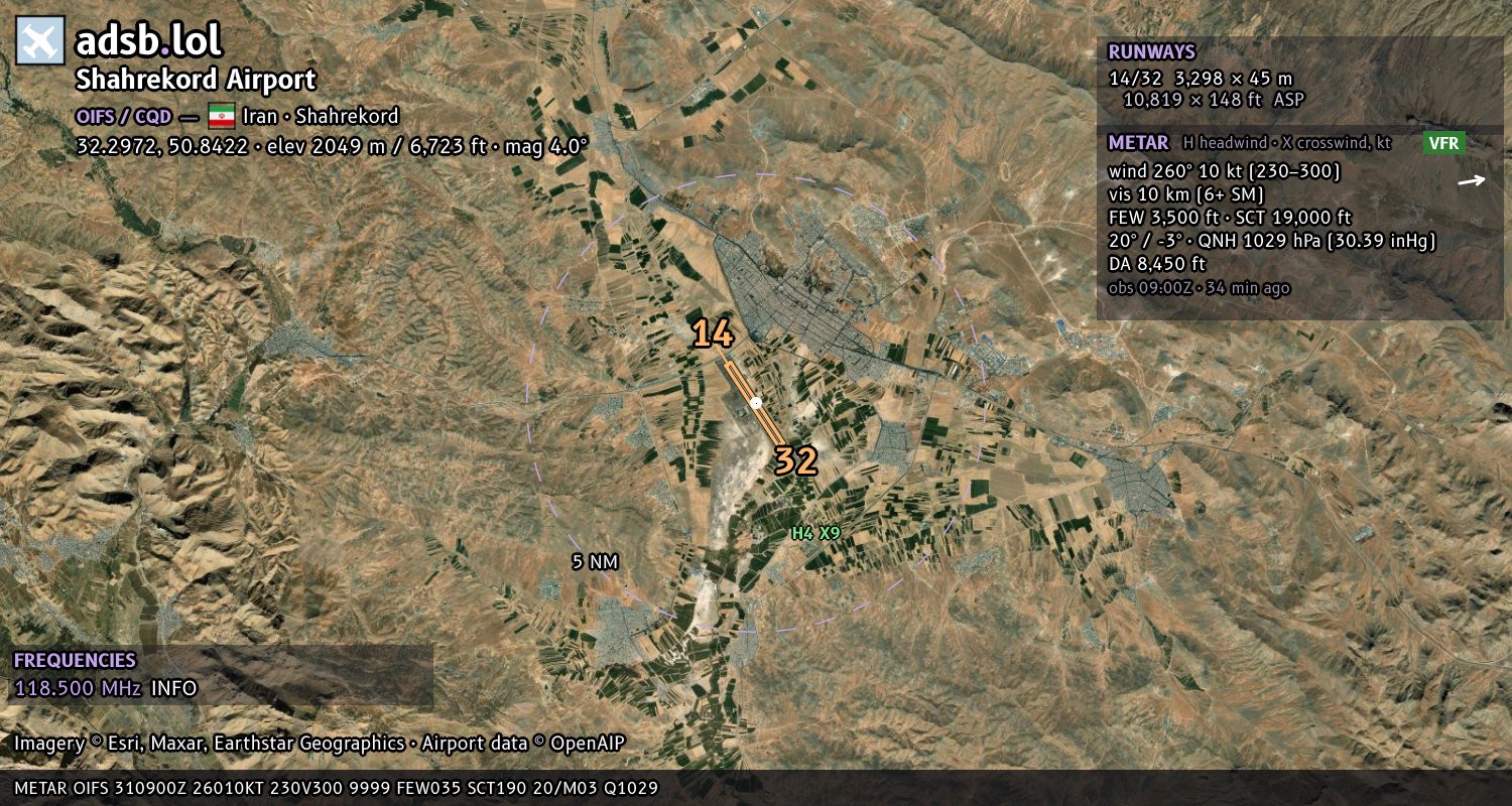 Satellite map with the runway layout of Shahrekord Airport (OIFS)