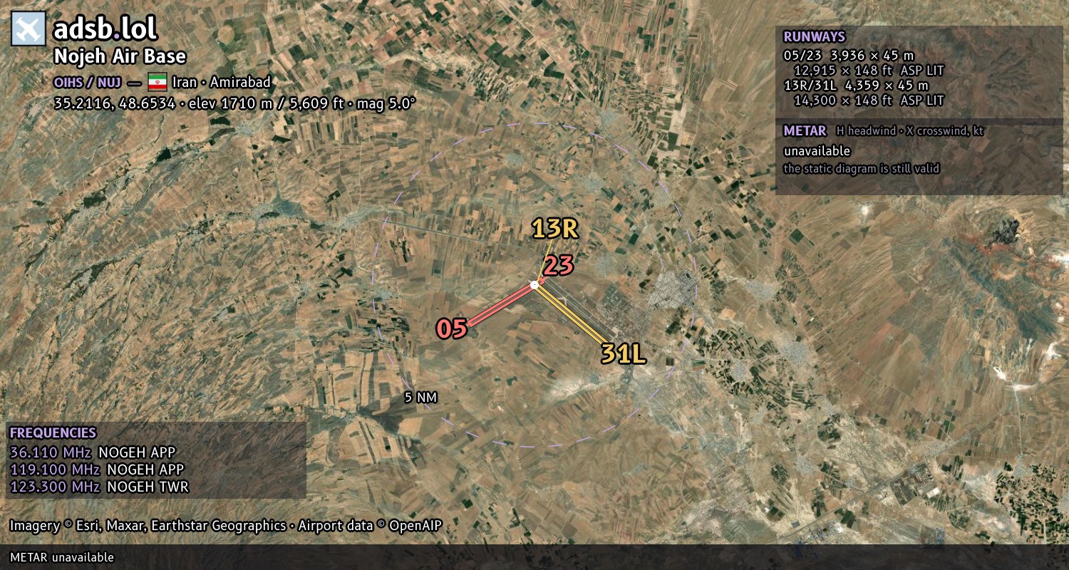 Satellite map with the runway layout of Nojeh Air Base (OIHS)