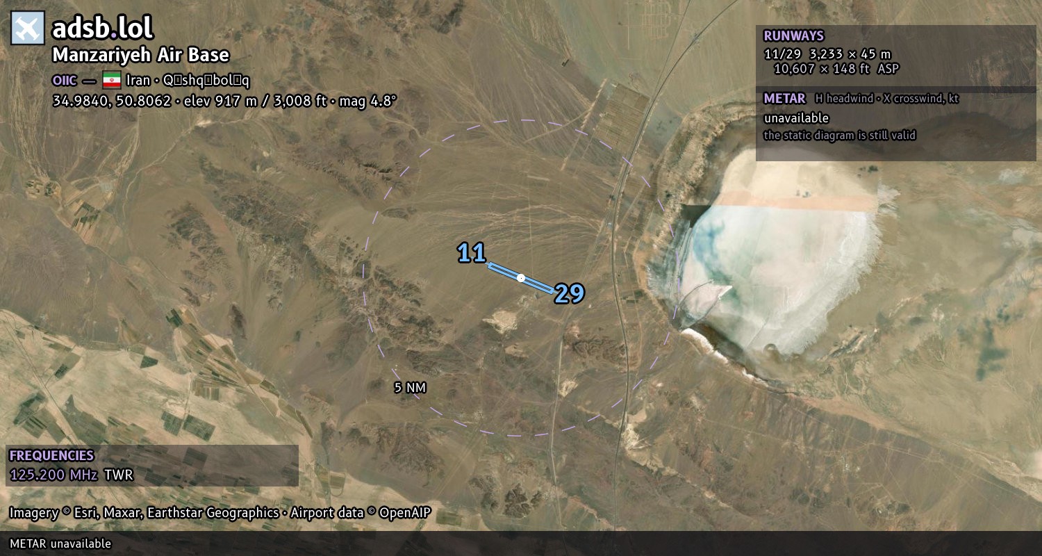 Satellite map with the runway layout of Manzariyeh Air Base (OIIC)
