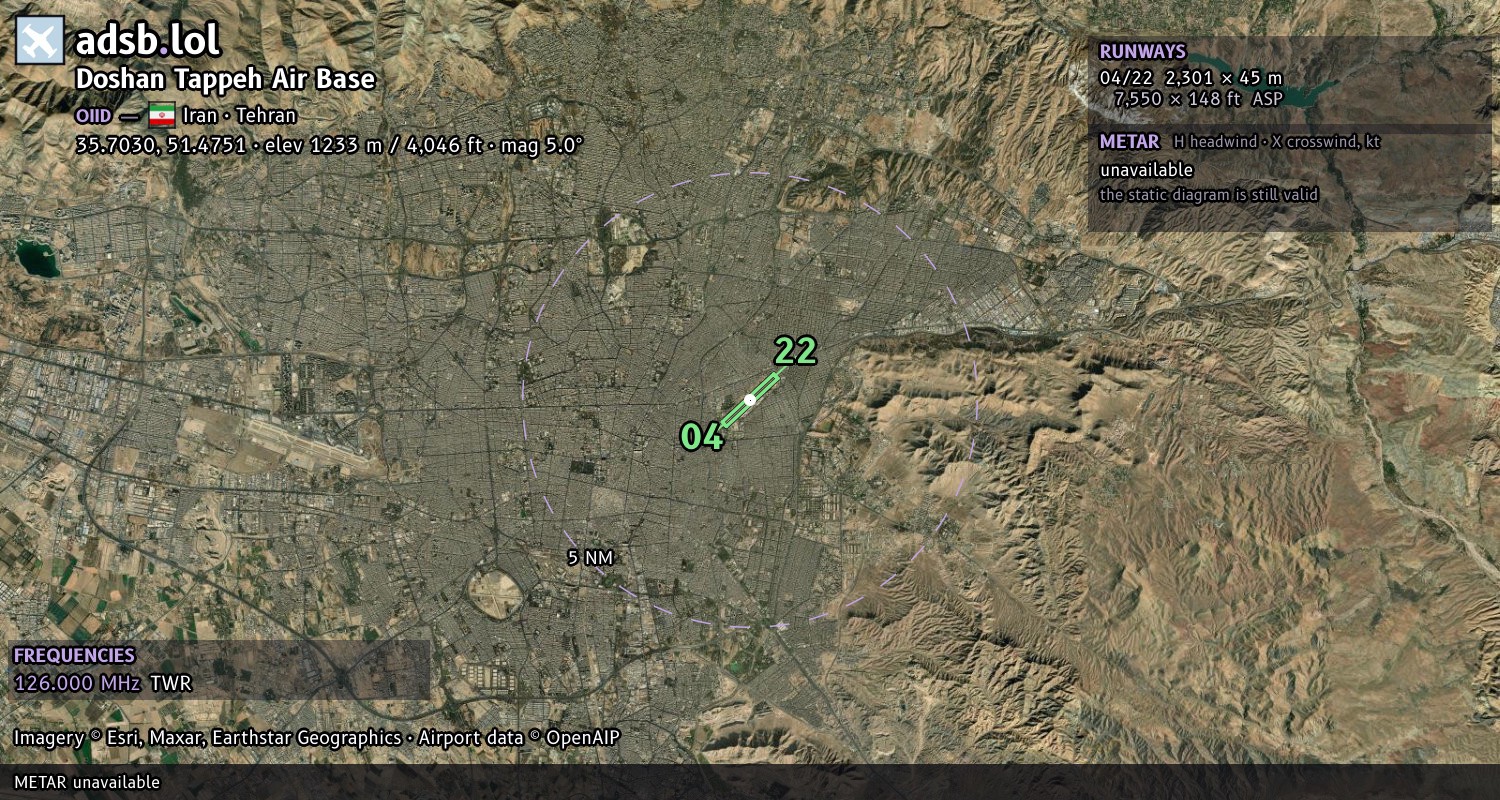 Satellite map with the runway layout of Doshan Tappeh Air Base (OIID)