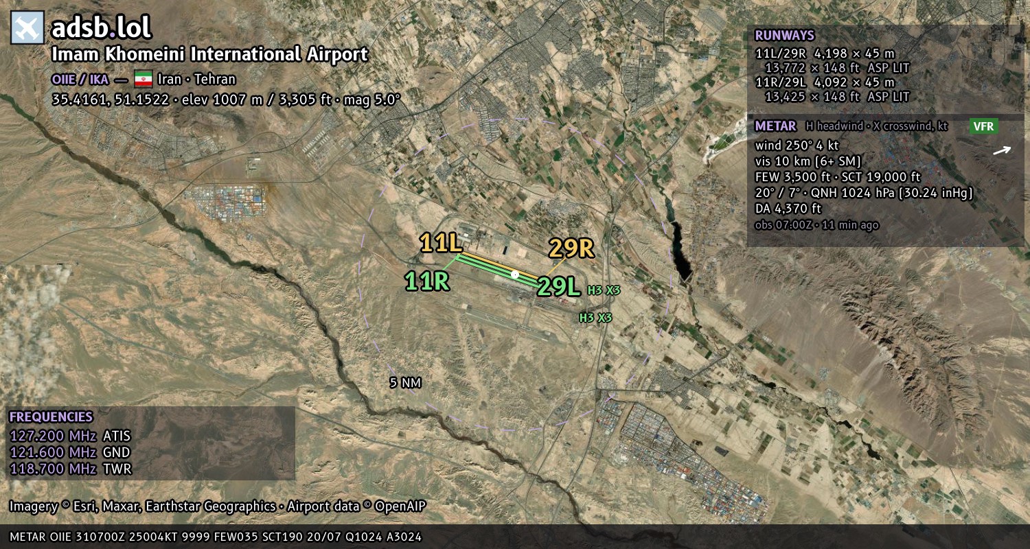 Satellite map with the runway layout of Imam Khomeini International Airport (OIIE)