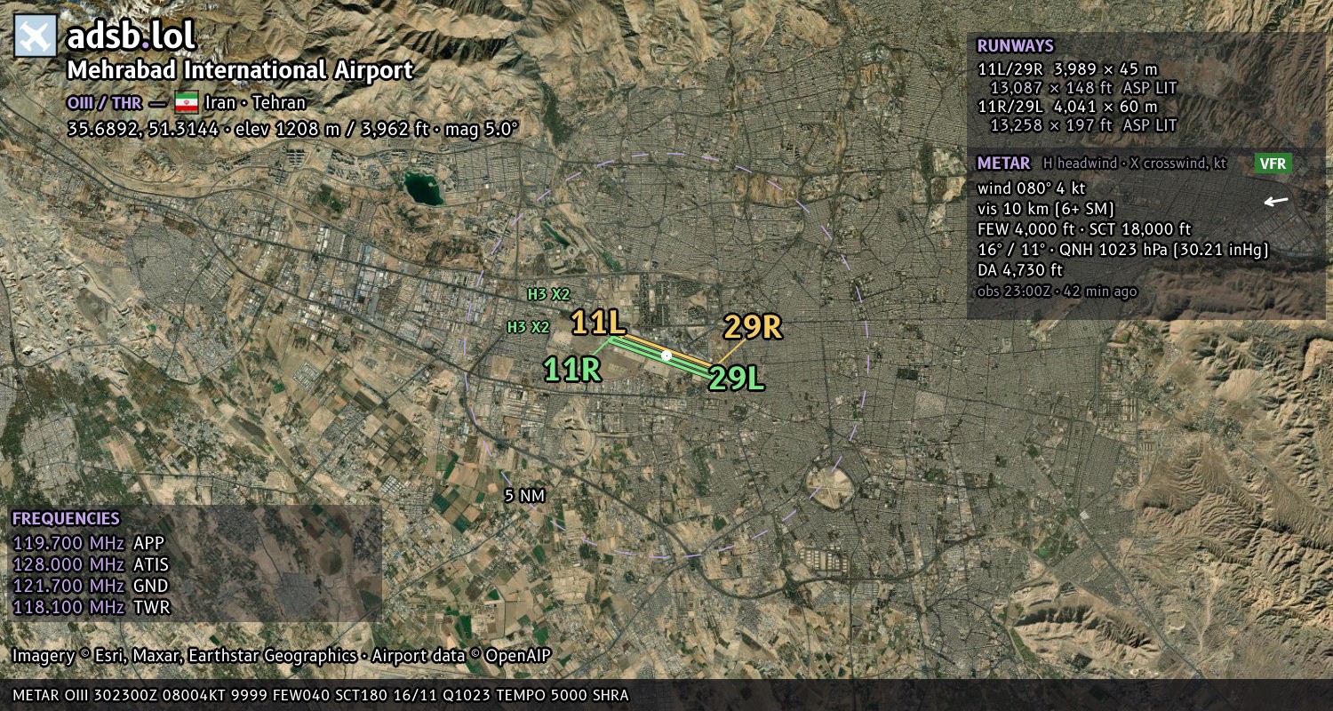 Satellite map with the runway layout of Mehrabad International Airport (OIII)