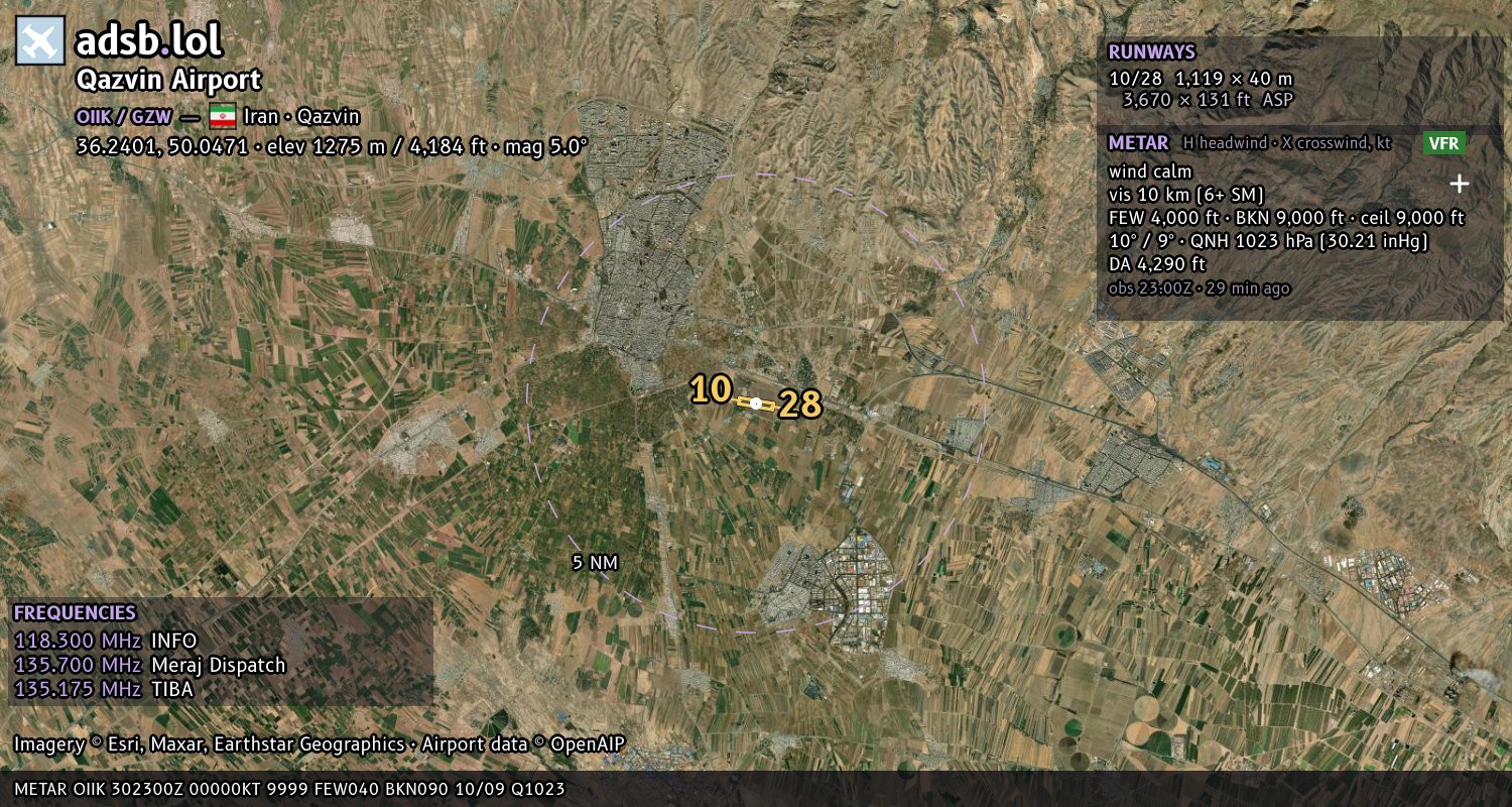 Satellite map with the runway layout of Qazvin Airport (OIIK)