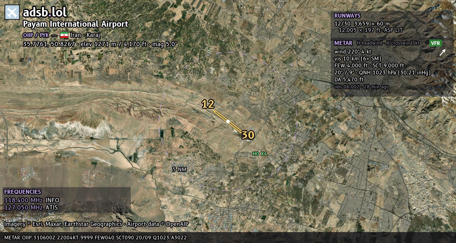 Satellite map with the runway layout of Payam International Airport (OIIP)