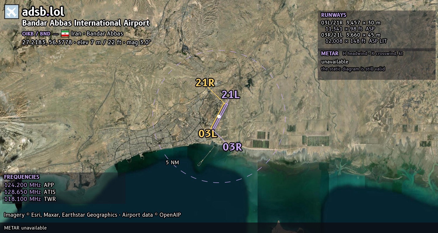 Satellite map with the runway layout of Bandar Abbas International Airport (OIKB)