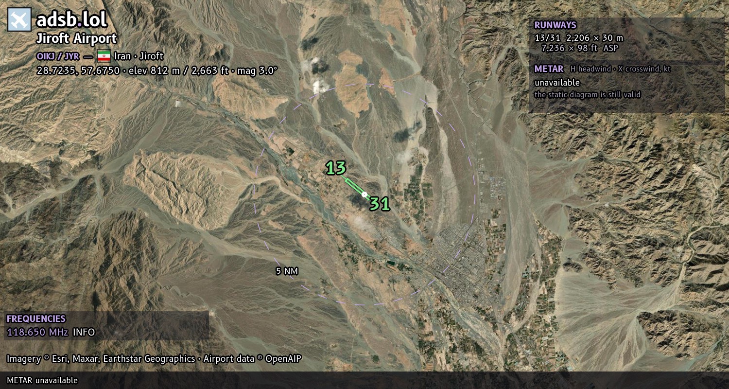 Satellite map with the runway layout of Jiroft Airport (OIKJ)