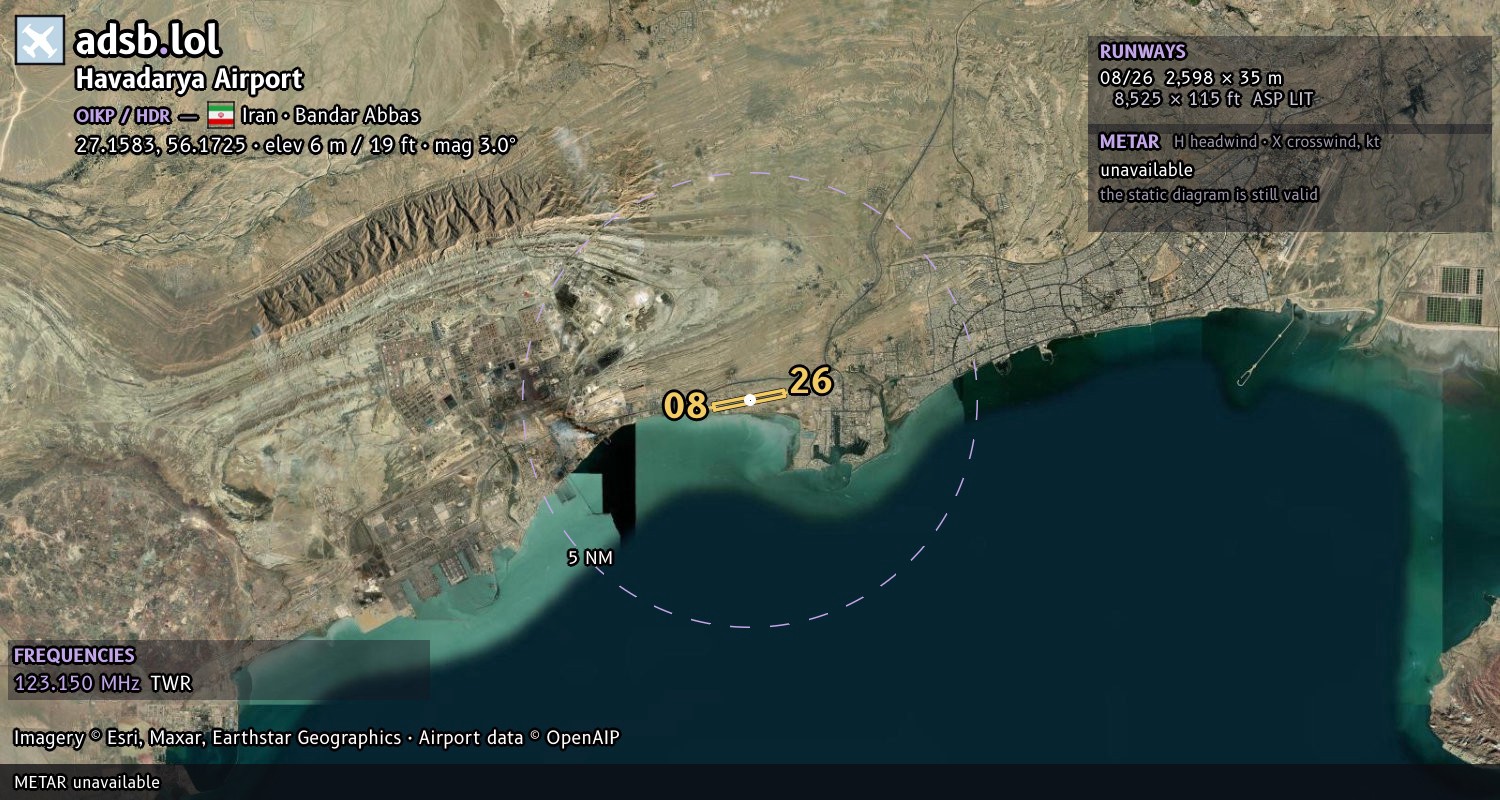 Satellite map with the runway layout of Havadarya Airport (OIKP)
