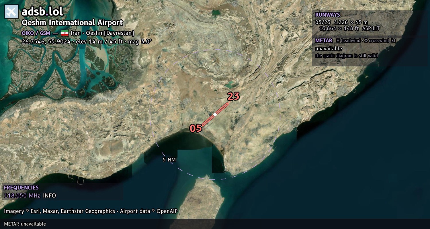 Satellite map with the runway layout of Qeshm International Airport (OIKQ)