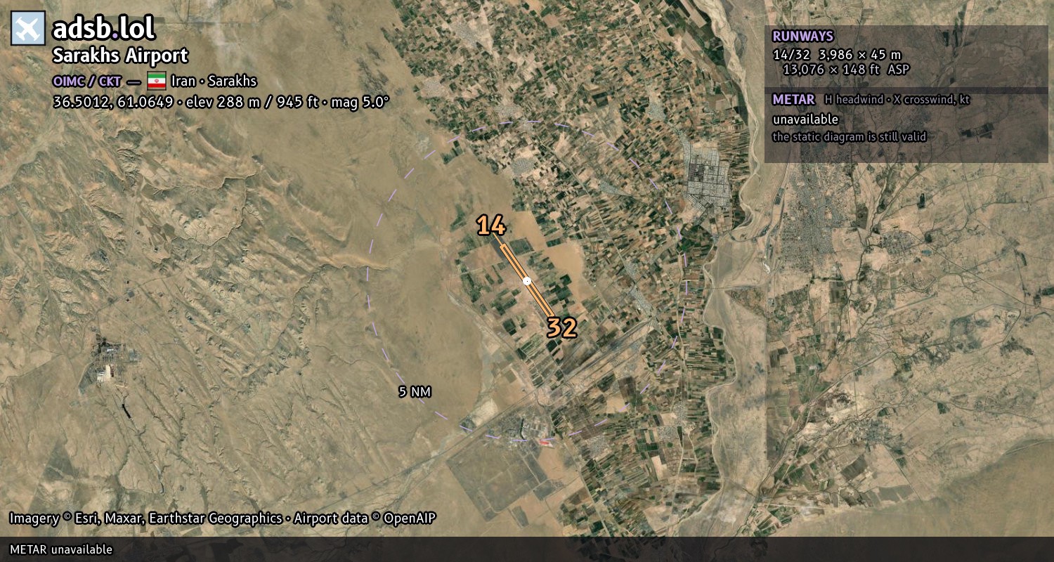 Satellite map with the runway layout of Sarakhs Airport (OIMC)