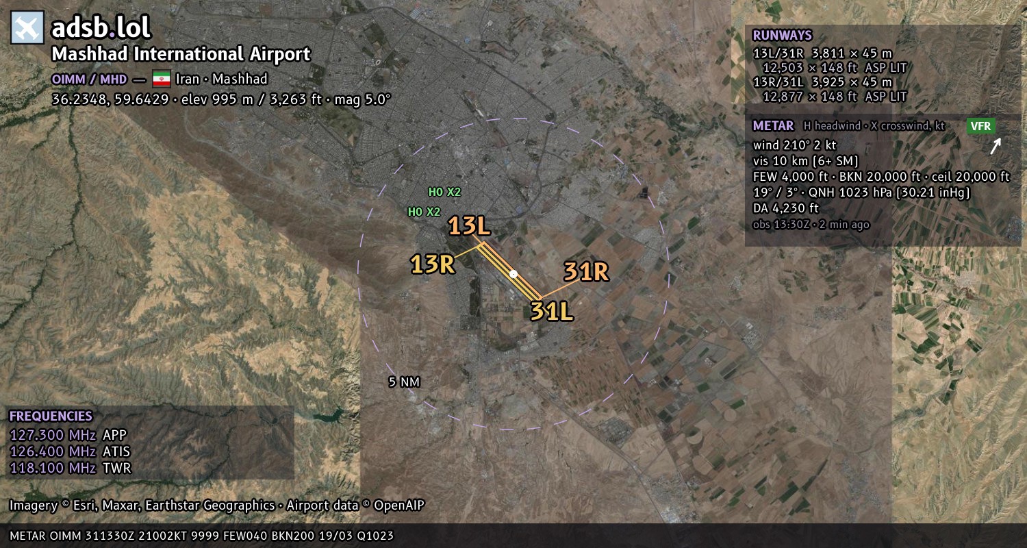 Satellite map with the runway layout of Mashhad International Airport (OIMM)