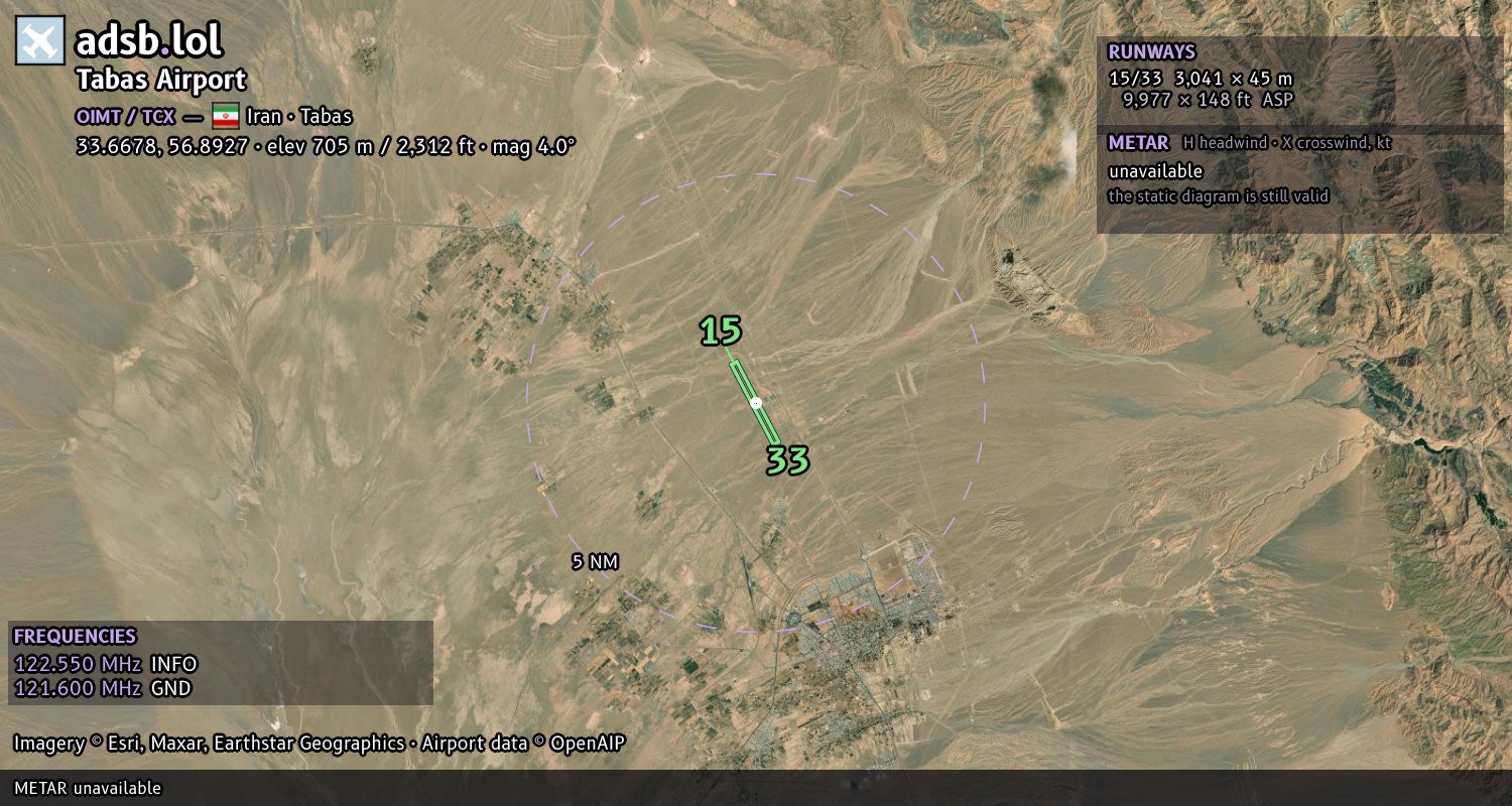 Satellite map with the runway layout of Tabas Airport (OIMT)
