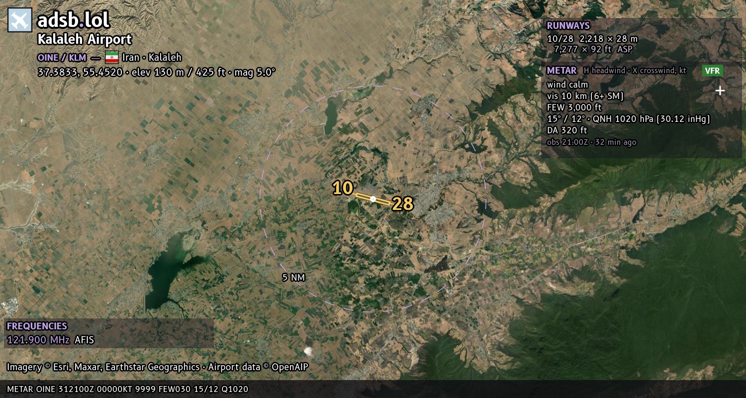 Satellite map with the runway layout of Kalaleh Airport (OINE)