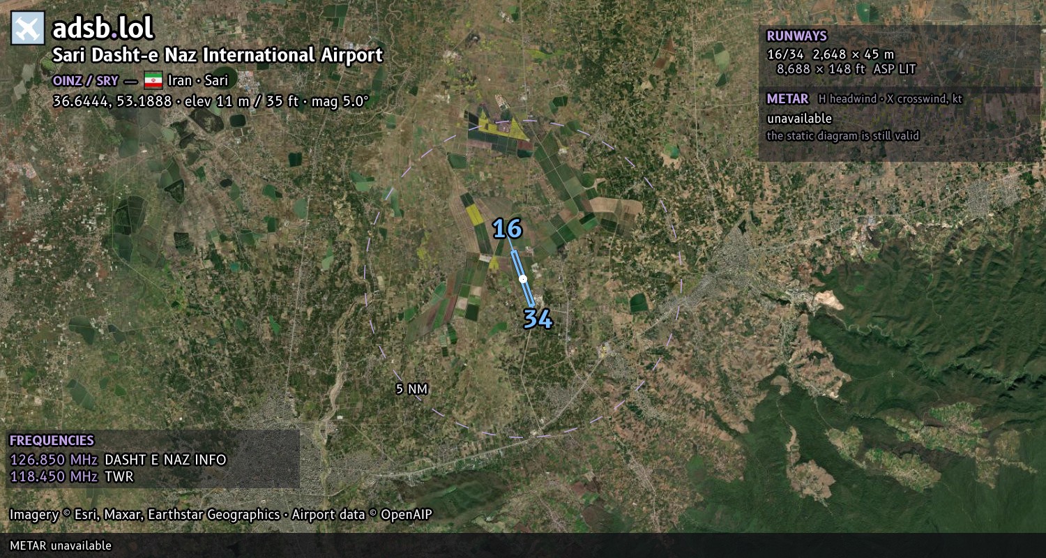 Satellite map with the runway layout of Sari Dasht-e Naz International Airport (OINZ)
