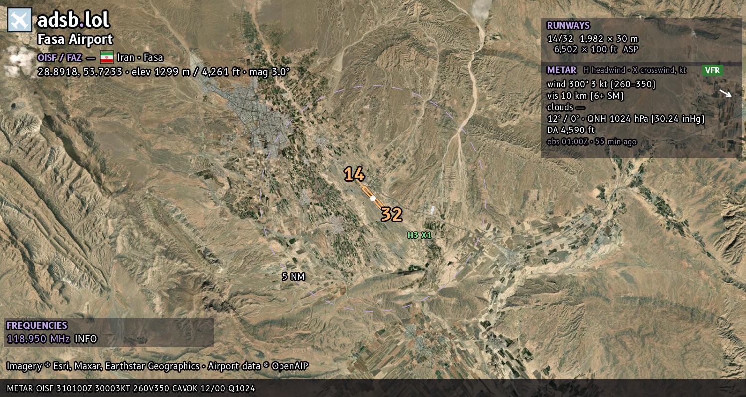 Satellite map with the runway layout of Fasa Airport (OISF)