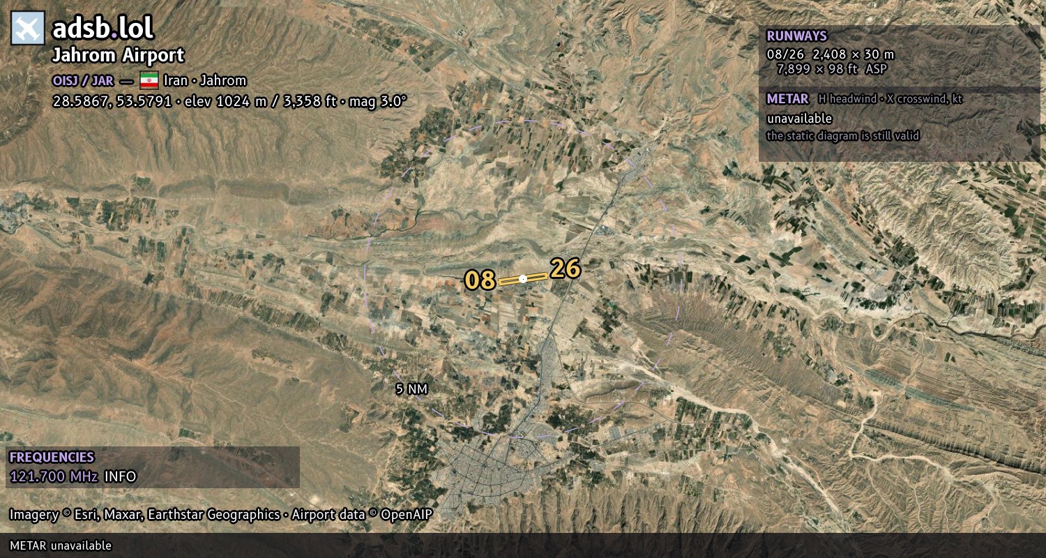 Satellite map with the runway layout of Jahrom Airport (OISJ)