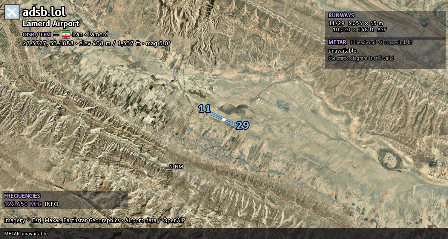 Satellite map with the runway layout of Lamerd Airport (OISR)