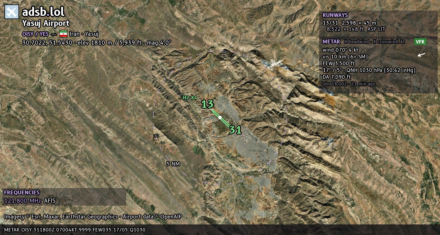 Satellite map with the runway layout of Yasuj Airport (OISY)