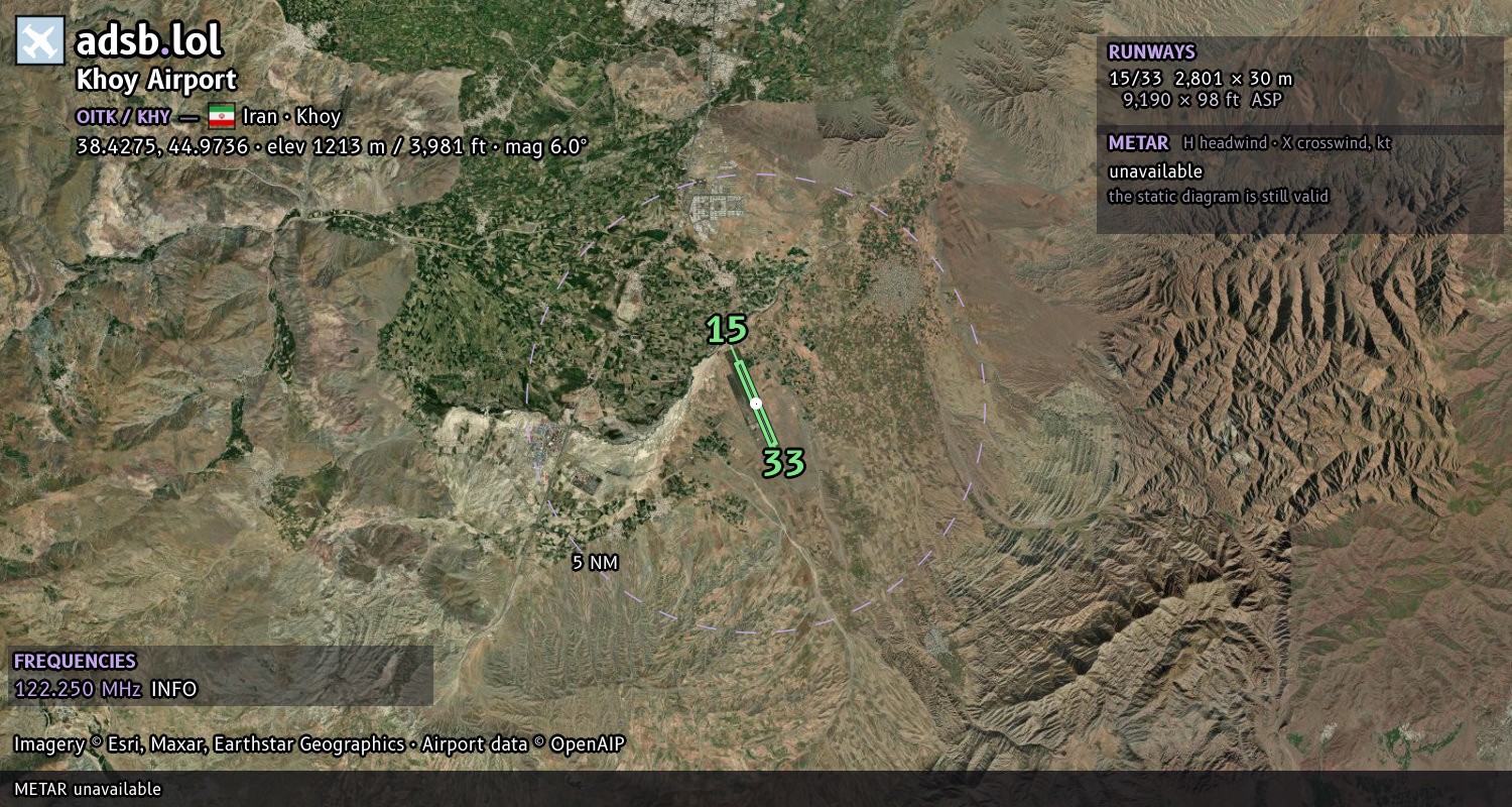 Satellite map with the runway layout of Khoy Airport (OITK)