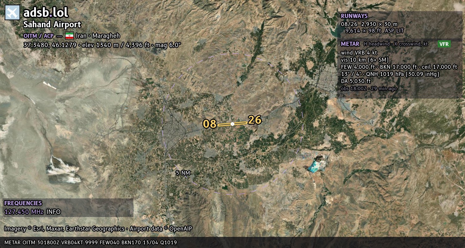 Satellite map with the runway layout of Sahand Airport (OITM)