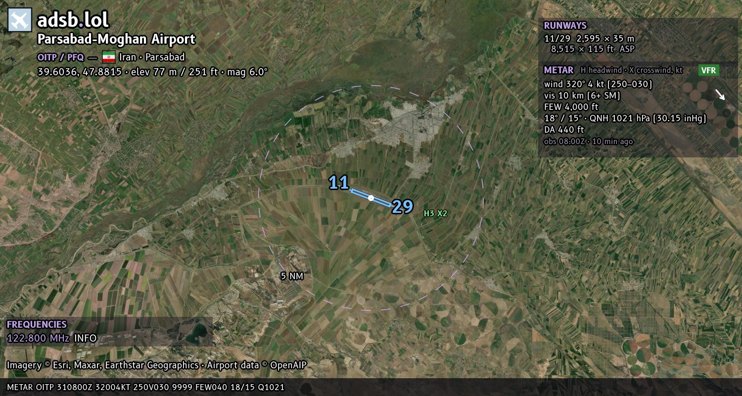 Satellite map with the runway layout of Parsabad-Moghan Airport (OITP)