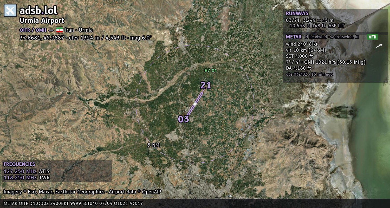 Satellite map with the runway layout of Urmia Airport (OITR)