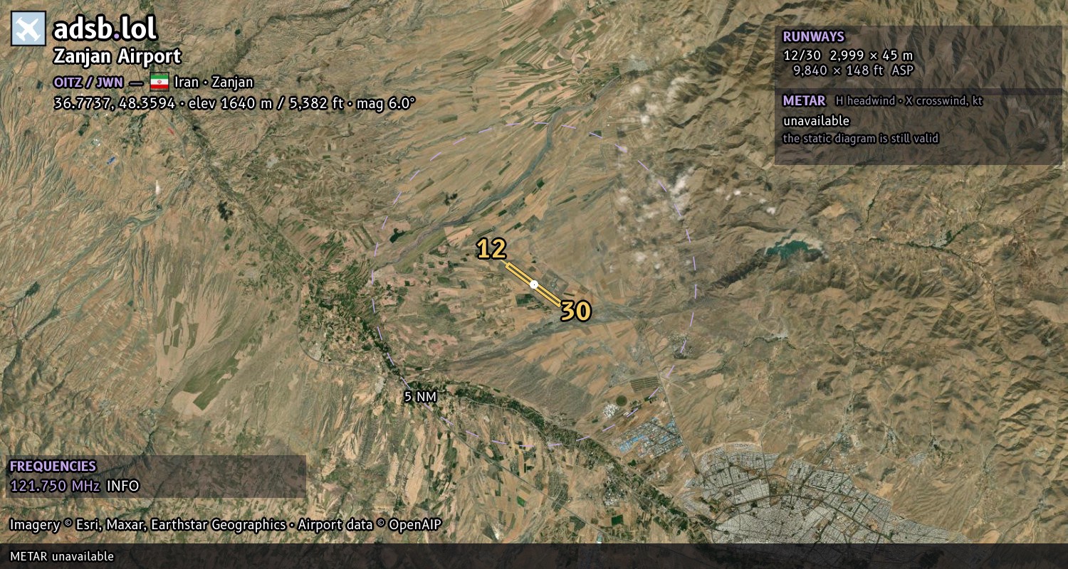 Satellite map with the runway layout of Zanjan Airport (OITZ)