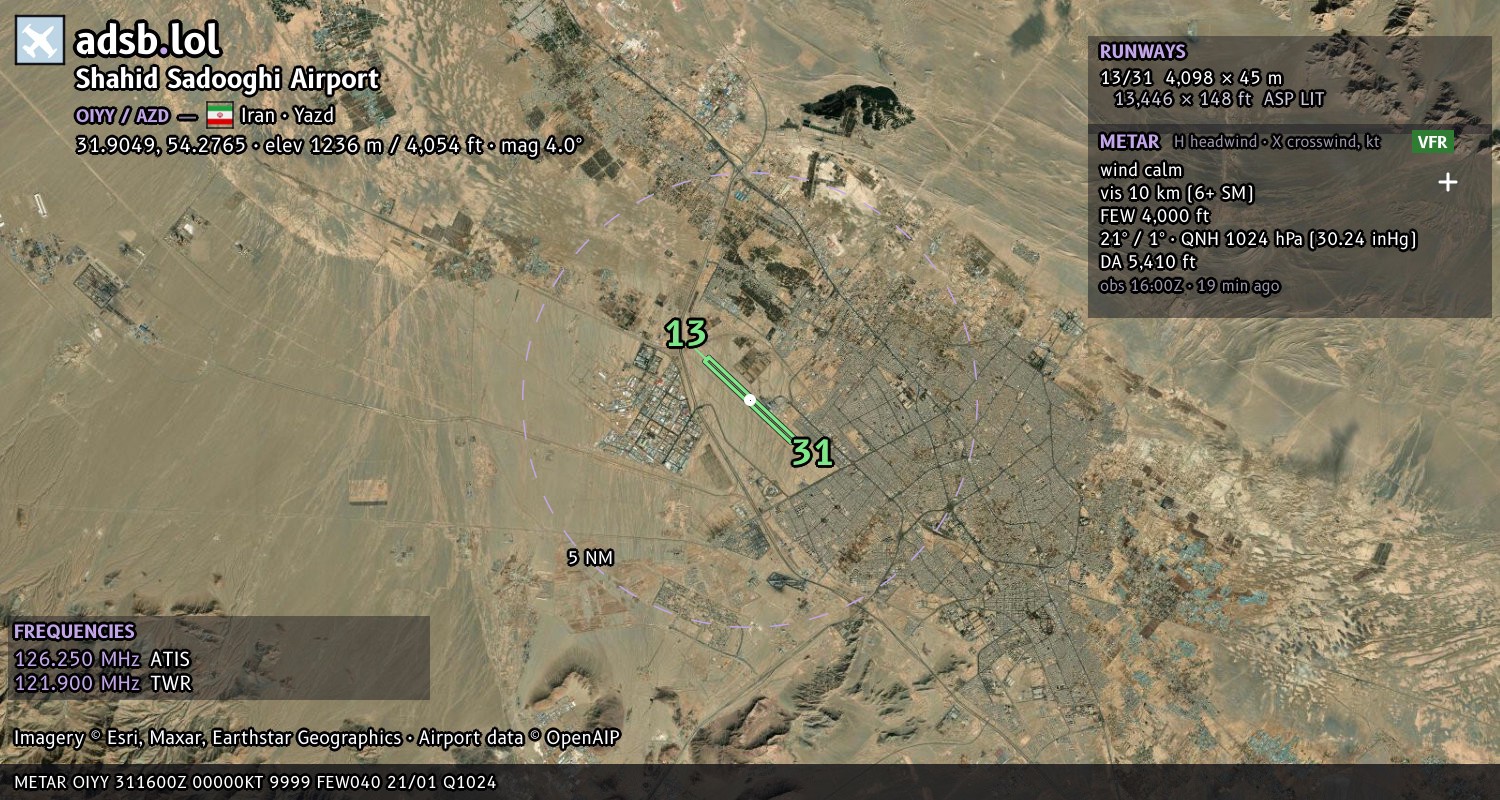Satellite map with the runway layout of Shahid Sadooghi Airport (OIYY)