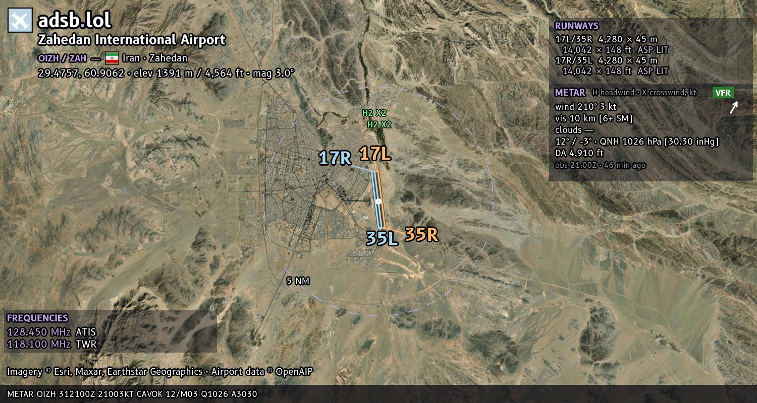 Satellite map with the runway layout of Zahedan International Airport (OIZH)