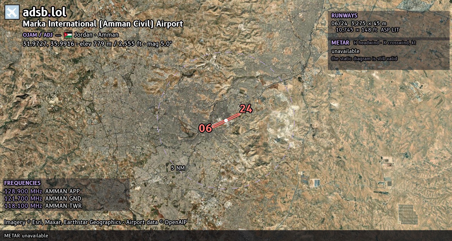 Satellite map with the runway layout of Marka International (Amman Civil) Airport (OJAM)