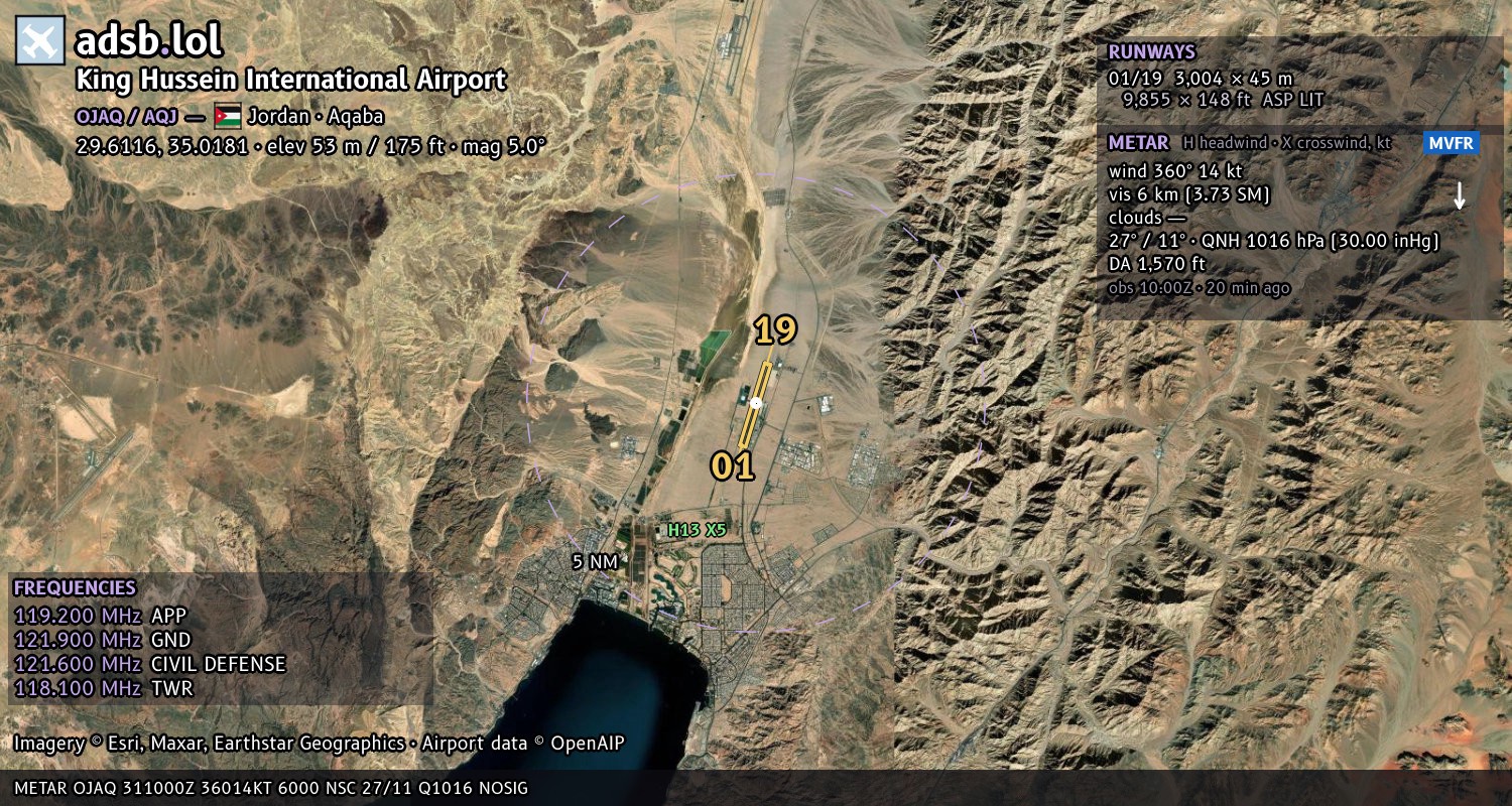 Satellite map with the runway layout of King Hussein International Airport (OJAQ)