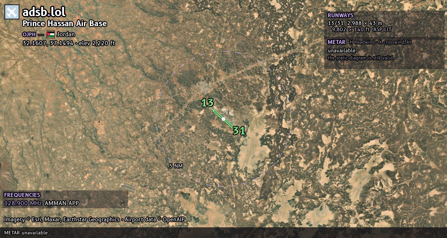Satellite map with the runway layout of Prince Hassan Air Base (OJPH)
