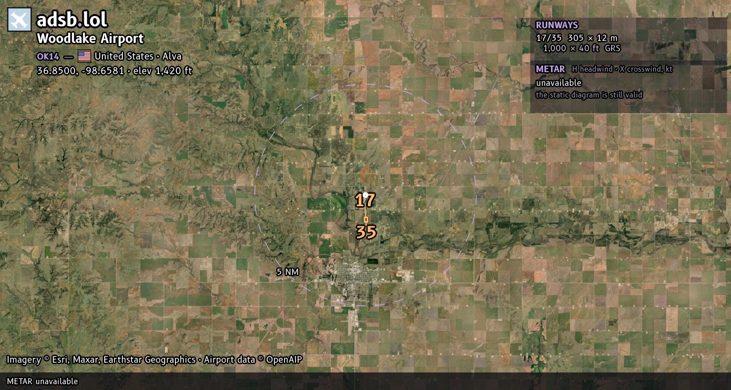 Satellite map with the runway layout of Woodlake Airport (OK14)