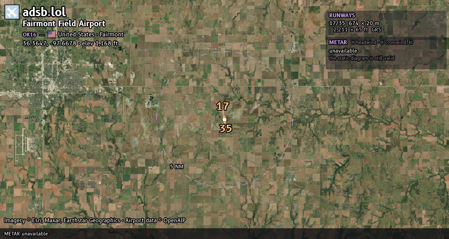 Satellite map with the runway layout of Fairmont Field Airport (OK16)