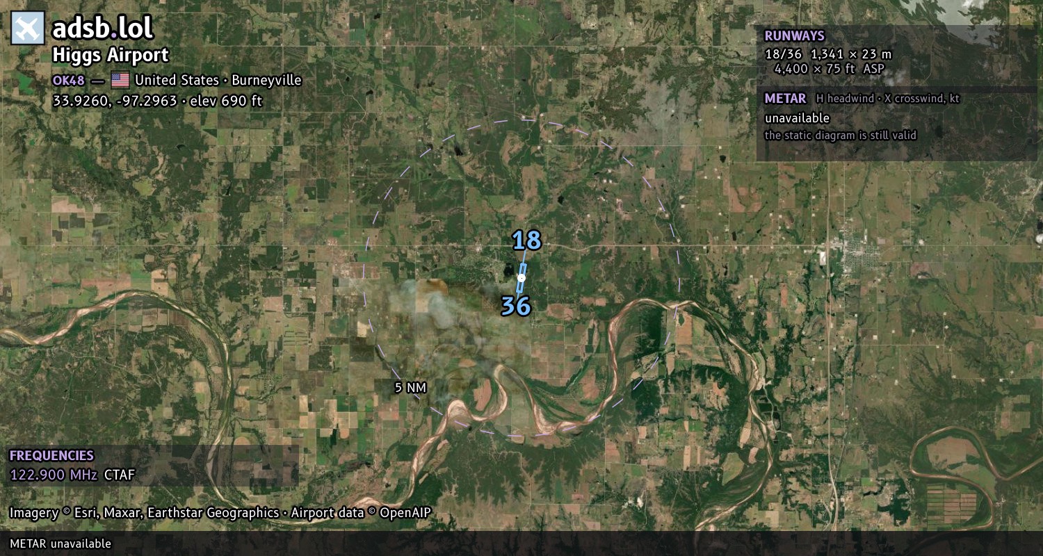 Satellite map with the runway layout of Higgs Airport (OK48)