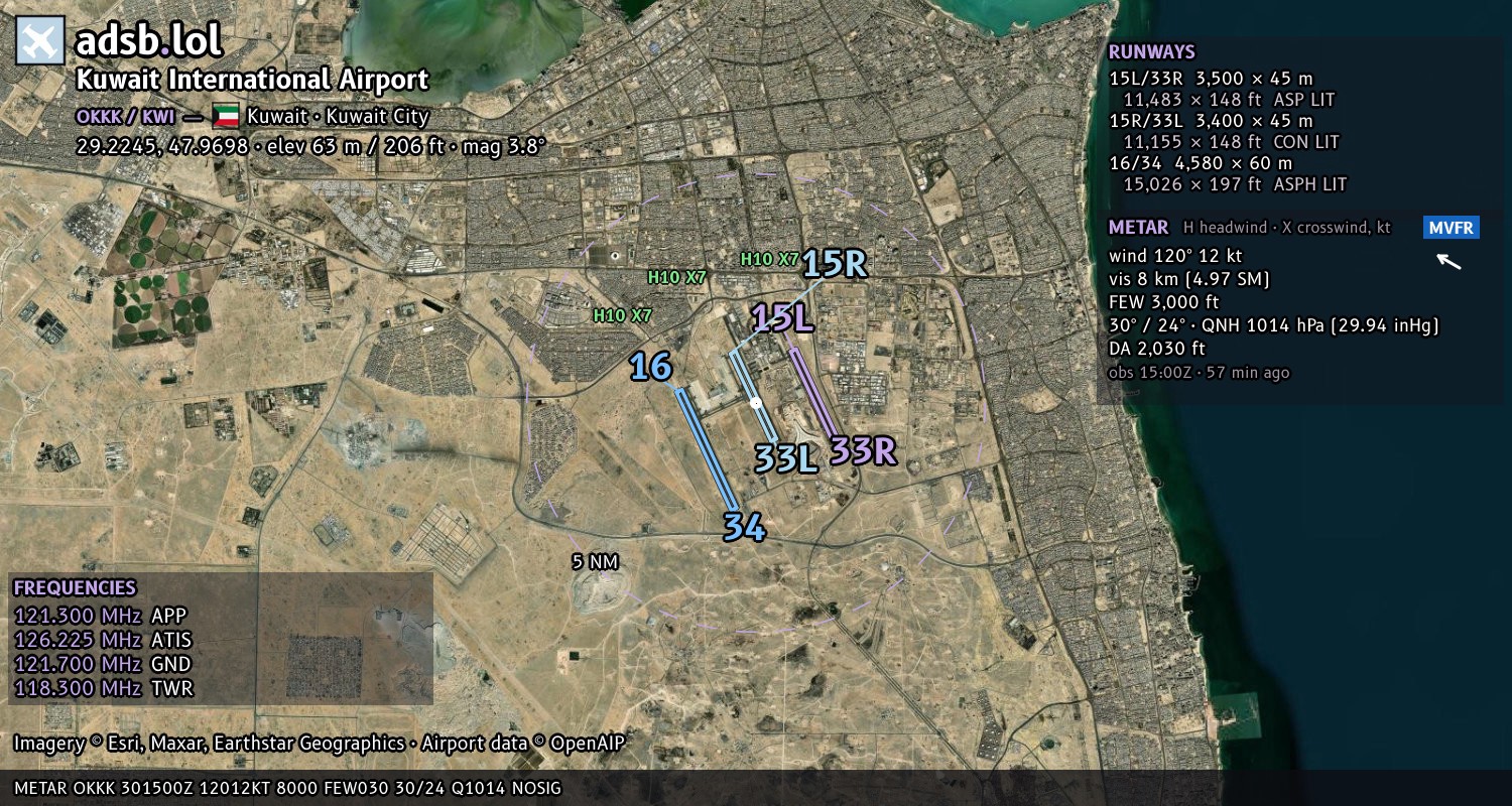 Satellite map with the runway layout of Kuwait International Airport (OKKK)