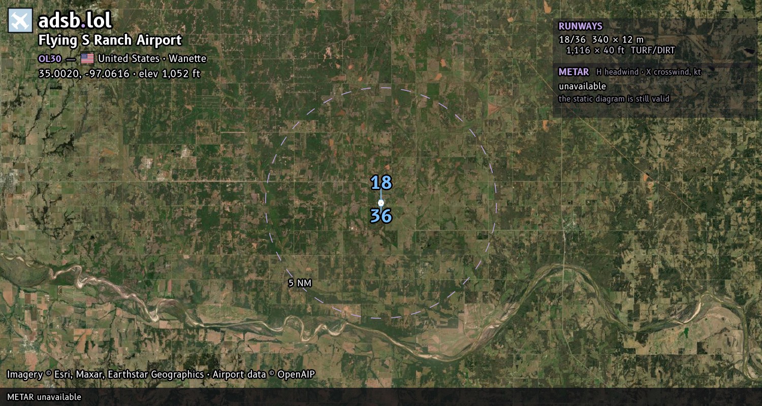 Satellite map with the runway layout of Flying S Ranch Airport (OL30)
