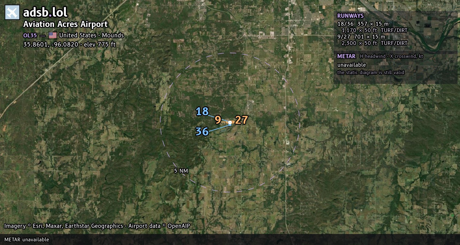 Satellite map with the runway layout of Aviation Acres Airport (OL35)