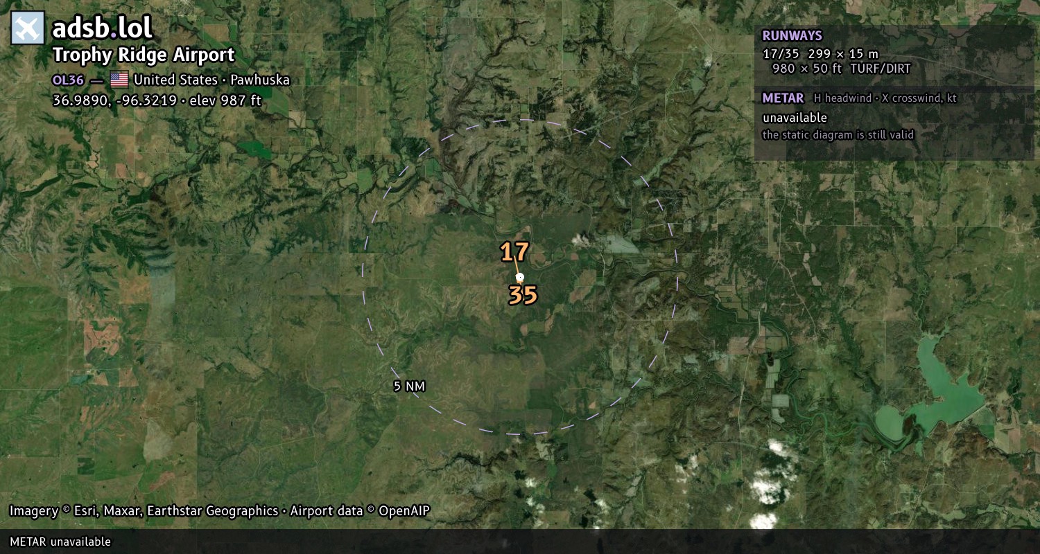 Satellite map with the runway layout of Trophy Ridge Airport (OL36)