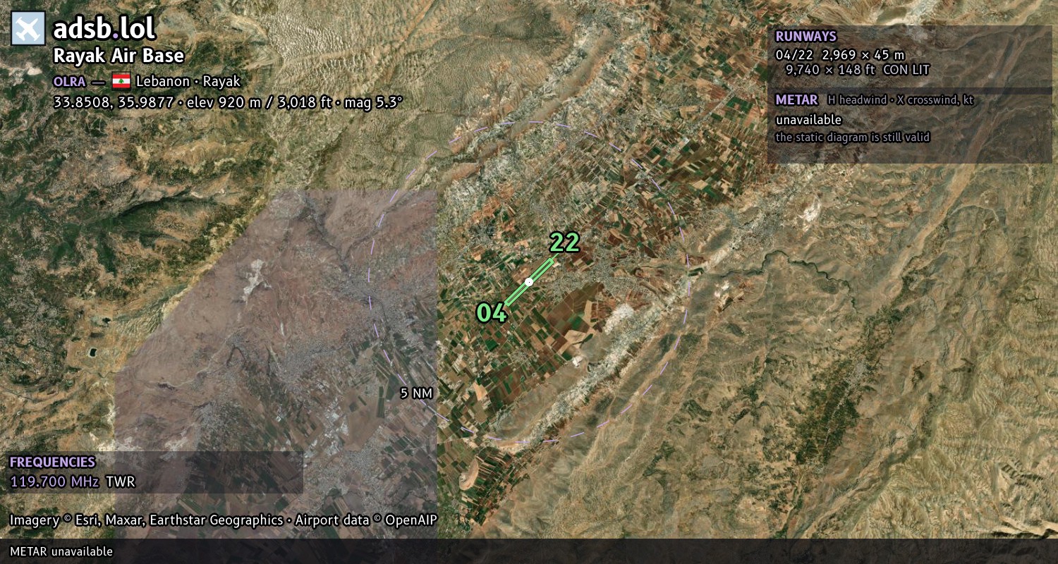 Satellite map with the runway layout of Rayak Air Base (OLRA)