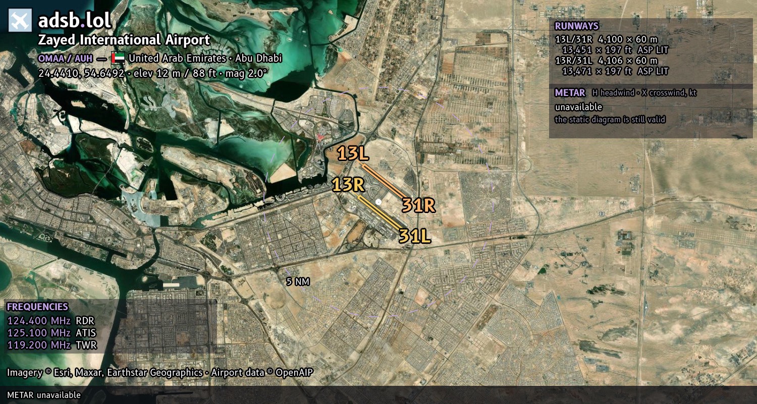Satellite map with the runway layout of Zayed International Airport (OMAA)