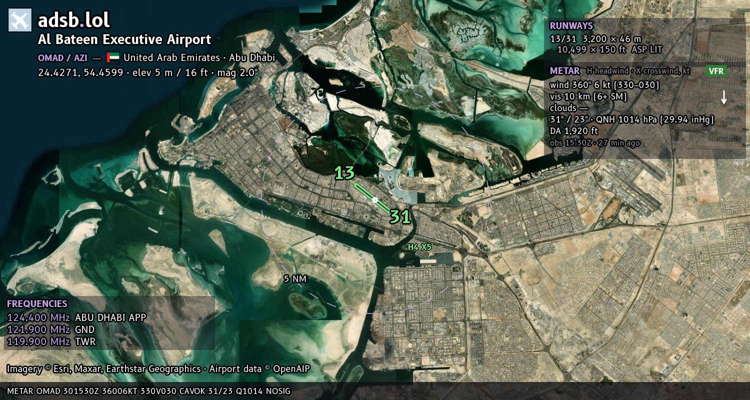 Satellite map with the runway layout of Al Bateen Executive Airport (OMAD)