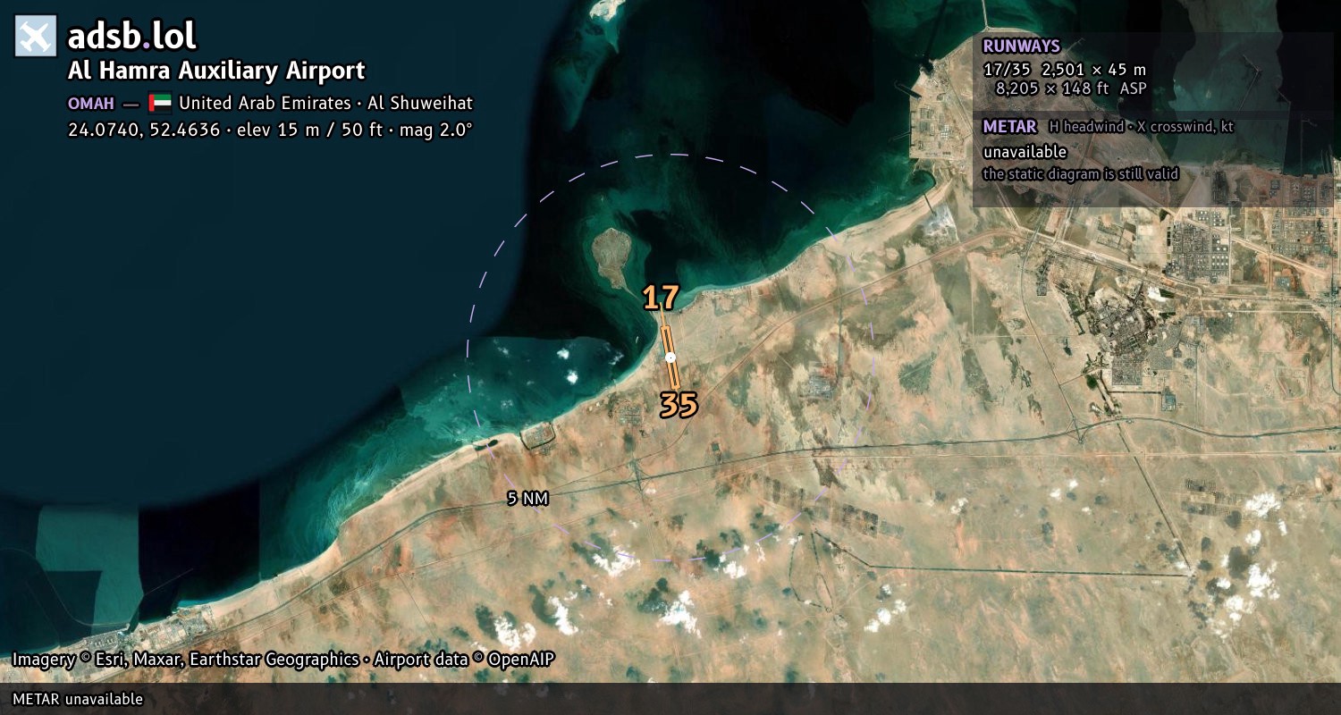Satellite map with the runway layout of Al Hamra Auxiliary Airport (OMAH)