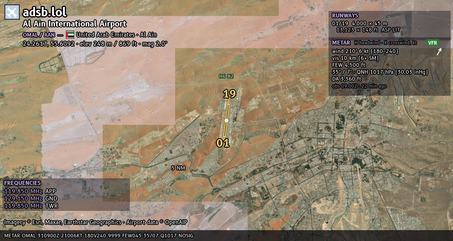 Satellite map with the runway layout of Al Ain International Airport (OMAL)