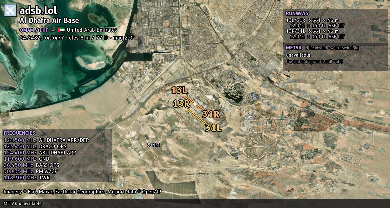 Satellite map with the runway layout of Al Dhafra Air Base (OMAM)