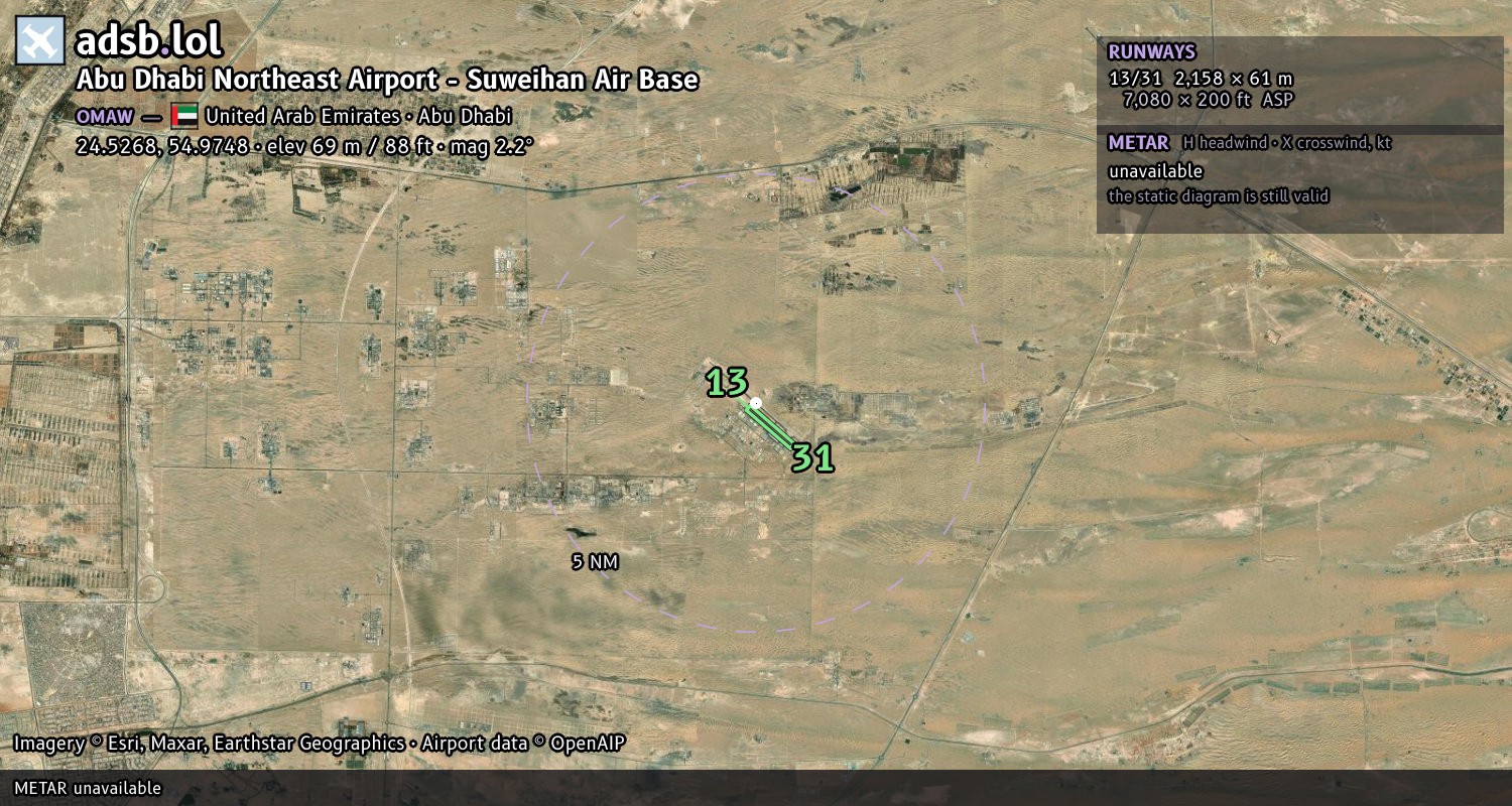 Satellite map with the runway layout of Abu Dhabi Northeast Airport - Suweihan Air Base (OMAW)